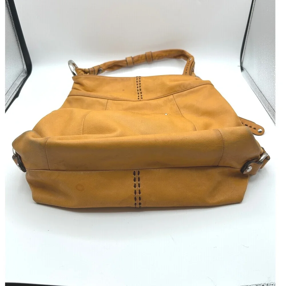 B. Makowsky Hobo Bag Women Large Mustard Yellow Leather Whipstitch Ring Handle